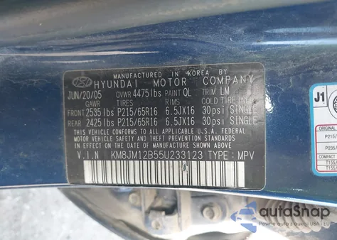 2005 Hyundai Tucson Gl z USA, uszkodzony, nr VIN KM8JM12B55U233123